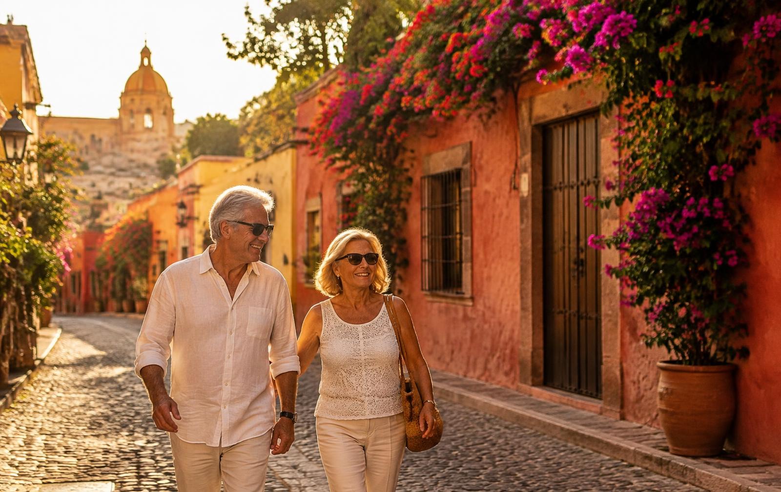 Retired couple walking a colorful Mexican street