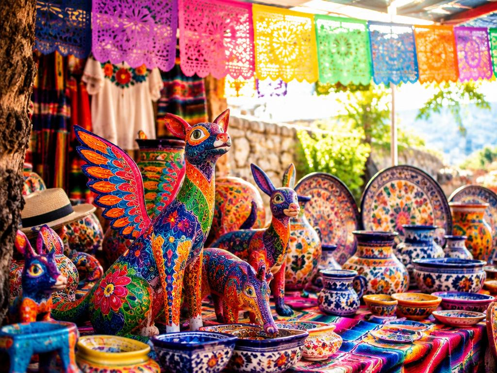 Hand-painted alebrijes and talavera pottery at an artisan market