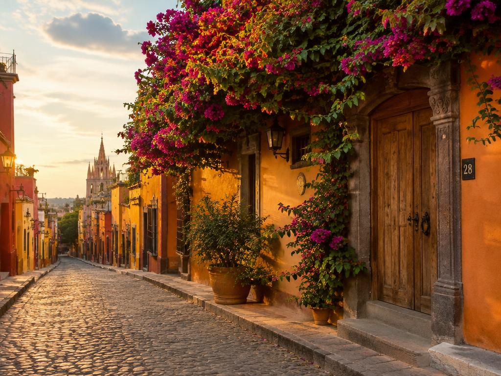 A cobblestone colonial street covered in bougainvillea